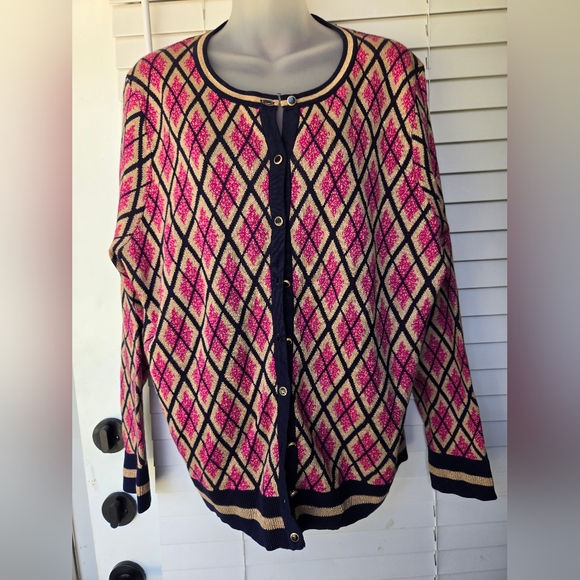 🟣 Charter Club Pink and Navy Argyle Crewneck Cardigan - Picture 2 of 10